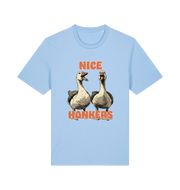 light blue matching t-shirt with the graphic of two geese and the slogan 'nice honkers'