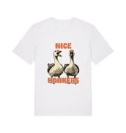 white matching t-shirt with the graphic of two geese and the slogan 'nice honkers'