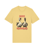 yellow matching t-shirt with the graphic of two geese and the slogan 'nice honkers'