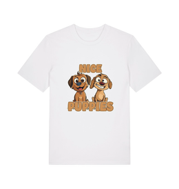 white matching t-shirt with the graphic of two puppies and the slogan 'nice puppies'