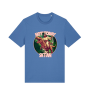 blue funny jesus t-shirt with the graphic of jesus riding a dinosaur and the slogan 'not today satan'