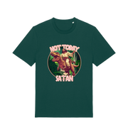 green funny jesus t-shirt with the graphic of jesus riding a dinosaur and the slogan 'not today satan'