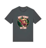 grey funny jesus t-shirt with the graphic of jesus riding a dinosaur and the slogan 'not today satan'