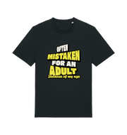 black funny slogan t-shirt that reads 'often mistaken for an adult because of my age'