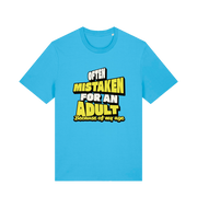 blue funny slogan t-shirt that reads 'often mistaken for an adult because of my age'