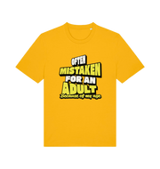 yellow funny slogan t-shirt that reads 'often mistaken for an adult because of my age'