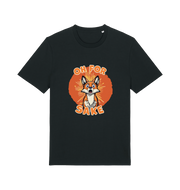 black funny animal t-shirt with the graphic of a cartoon fox and the slogan 'oh for fox sake'