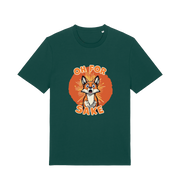 green funny animal t-shirt with the graphic of a cartoon fox and the slogan 'oh for fox sake'