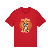 red funny animal t-shirt with the graphic of a cartoon fox and the slogan 'oh for fox sake'