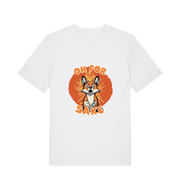 white funny animal t-shirt with the graphic of a cartoon fox and the slogan 'oh for fox sake'