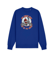 blue christmas sweater with the graphic of santa riding a motorbike and the slogan 'oh what fun it is to ride'