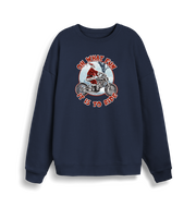 navy christmas sweater with the graphic of santa riding a motorbike and the slogan 'oh what fun it is to ride'