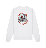 white christmas sweater with the graphic of santa riding a motorbike and the slogan 'oh what fun it is to ride'