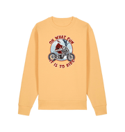yellow christmas sweater with the graphic of santa riding a motorbike and the slogan 'oh what fun it is to ride'