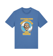 blue funny graphic t-shirt with a cartoon man and the slogan 'it's weird being the same age as old people'