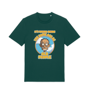 green funny graphic t-shirt with a cartoon man and the slogan 'it's weird being the same age as old people'