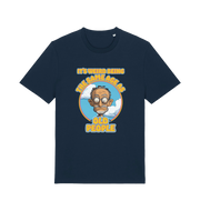 navy funny graphic t-shirt with a cartoon man and the slogan 'it's weird being the same age as old people'