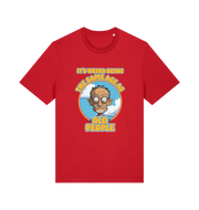 red funny graphic t-shirt with a cartoon man and the slogan 'it's weird being the same age as old people'