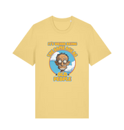yellow funny graphic t-shirt with a cartoon man and the slogan 'it's weird being the same age as old people'