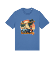 blue music t-shirt with a tropical graphic design featuring a car, palm trees, and the slogan 'take me home to the paradise city'