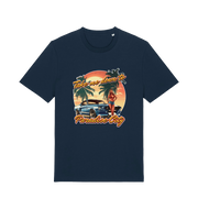 navy music t-shirt with a tropical graphic design featuring a car, palm trees, and the slogan 'take me home to the paradise city'