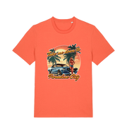orange music t-shirt with a tropical graphic design featuring a car, palm trees, and the slogan 'take me home to the paradise city'