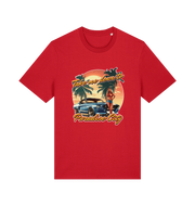 red music t-shirt with a tropical graphic design featuring a car, palm trees, and the slogan 'take me home to the paradise city'