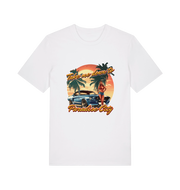 white music t-shirt with a tropical graphic design featuring a car, palm trees, and the slogan 'take me home to the paradise city'