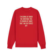 red christmas sweater with the slogan 'im gonna lay under the christmas tree to remind my family that i am the perfect gift'