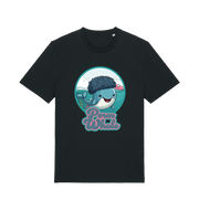 black kawaii t-shirt with the graphic of a cartoon whale with an afro hairstyle and the slogan 'perm whale'