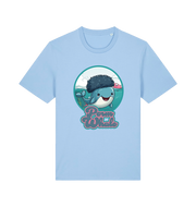 light blue kawaii t-shirt with the graphic of a cartoon whale with an afro hairstyle and the slogan 'perm whale'