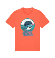 orange kawaii t-shirt with the graphic of a cartoon whale with an afro hairstyle and the slogan 'perm whale'