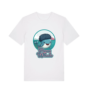 white kawaii t-shirt with the graphic of a cartoon whale with an afro hairstyle and the slogan 'perm whale'