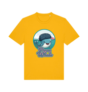 yellow kawaii t-shirt with the graphic of a cartoon whale with an afro hairstyle and the slogan 'perm whale'