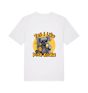 white funny animal t-shirt with the graphic of a koala holding a pineapple and the slogan 'yes i like pina koala'