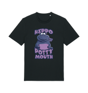 black funny animal t-shirt with the graphic of a hippo and the slogan 'hippo potty mouth'