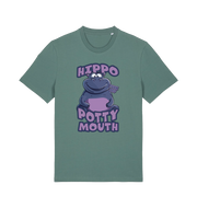 green funny animal t-shirt with the graphic of a hippo and the slogan 'hippo potty mouth'