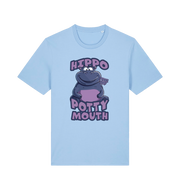light blue funny animal t-shirt with the graphic of a hippo and the slogan 'hippo potty mouth'