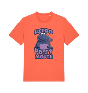 orange funny animal t-shirt with the graphic of a hippo and the slogan 'hippo potty mouth'