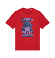 red funny animal t-shirt with the graphic of a hippo and the slogan 'hippo potty mouth'