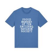 blue sarcastic t-shirt with the slogan 'proud member of the national sarcasm society'