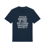 navy sarcastic t-shirt with the slogan 'proud member of the national sarcasm society'