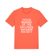 orange sarcastic t-shirt with the slogan 'proud member of the national sarcasm society'