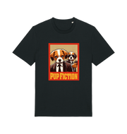 black movie t-shirt with the graphic of two dogs dressed in suits and the slogan 'pup fiction'