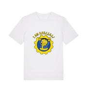 white gaming t-shirt with the graphic of ralph wiggum in a vault tec uniform and the slogan 'i am special'