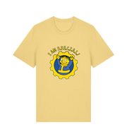 yellow gaming t-shirt with the graphic of ralph wiggum in a vault tec uniform and the slogan 'i am special'