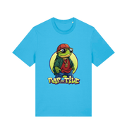 blue funny animal t-shirt with the graphic of a turtle dressed as a rapper and the slogan 'rap-tile'
