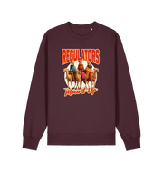 red brown christmas sweater with the graphic of three wise men on horses and the slogan 'regulators mount up'