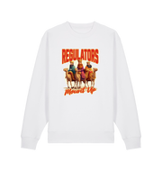 white christmas sweater with the graphic of three wise men on horses and the slogan 'regulators mount up'