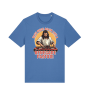 blue funny jesus t-shirt with the graphic of jesus on the turntables and the slogan 'back once again like a renegade pastor'